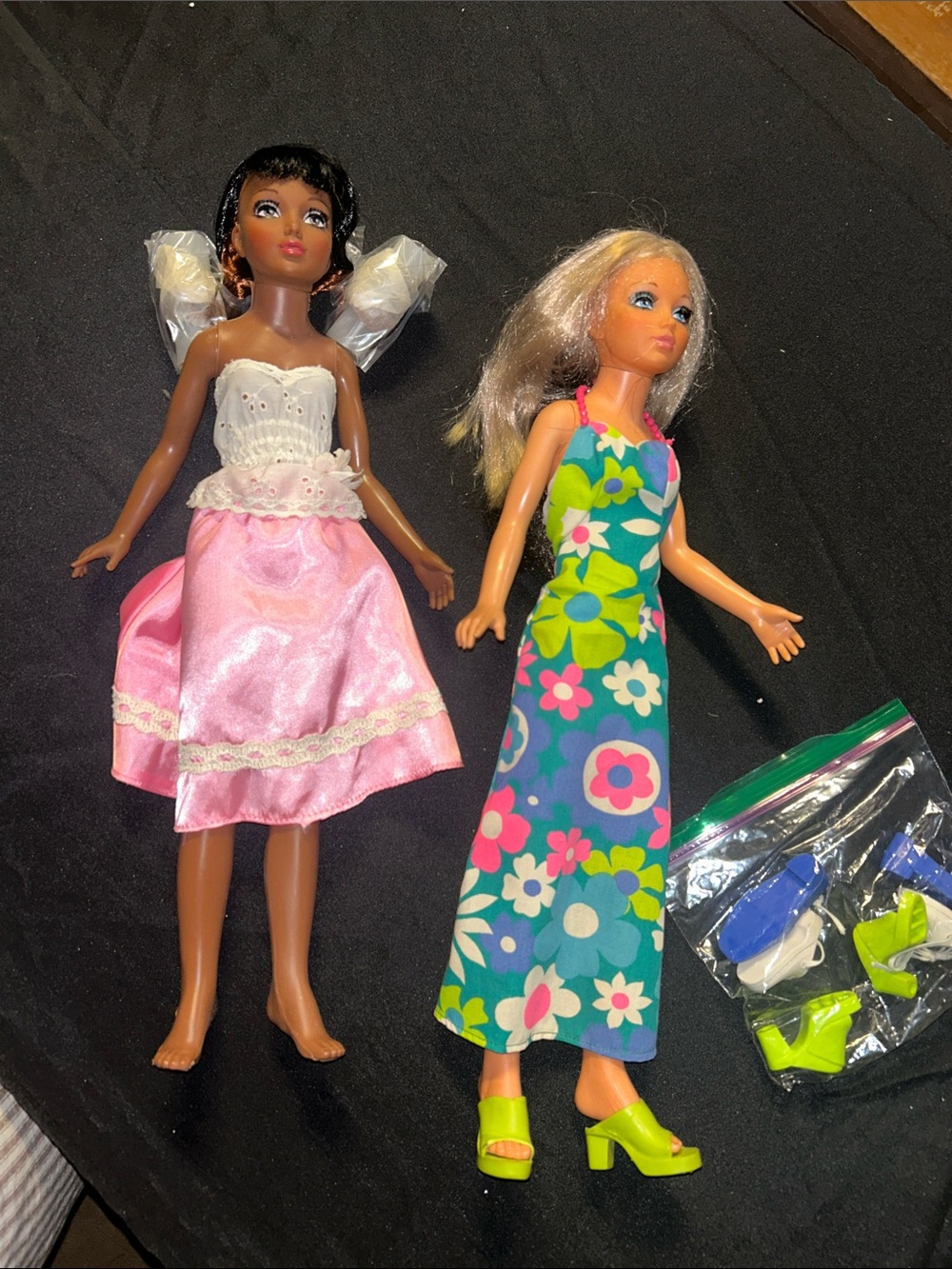 Two vintage Tiffany Taylor Dolls with Colorful Outfits - Pink & Floral Green
